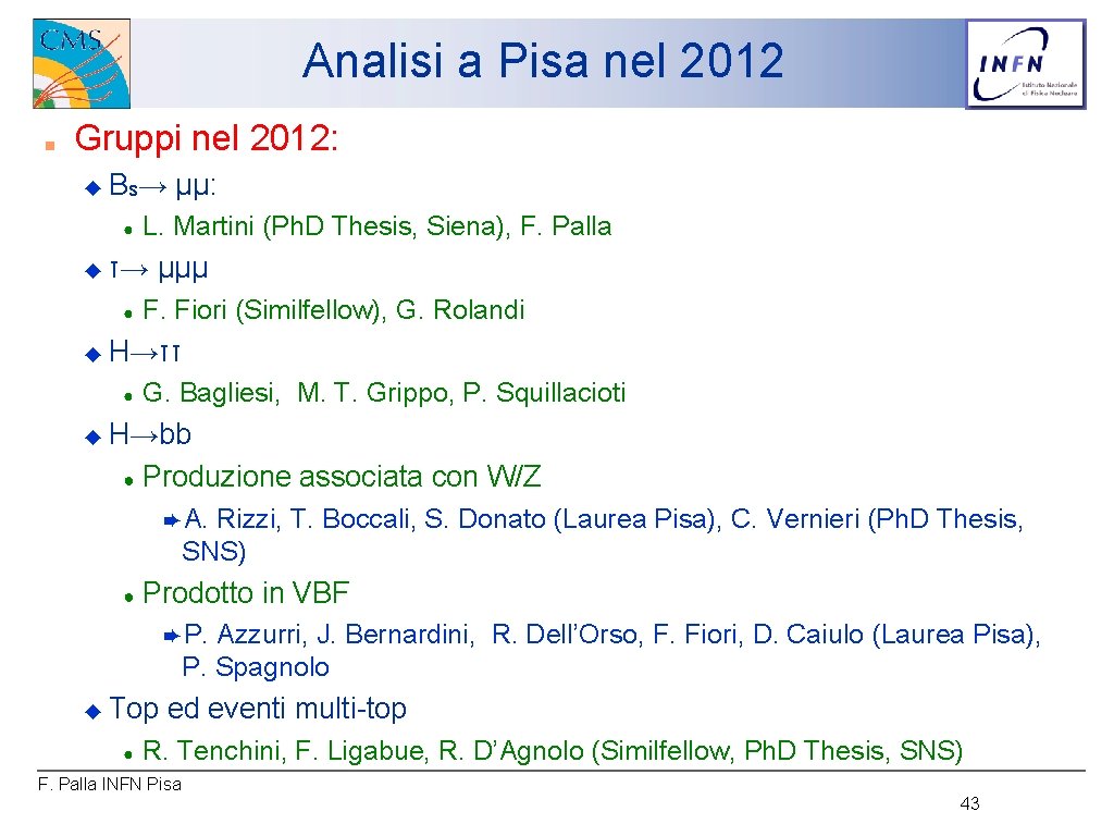 Analisi a Pisa nel 2012 ■ Gruppi nel 2012: ◆ Bs→ µµ: ● ◆