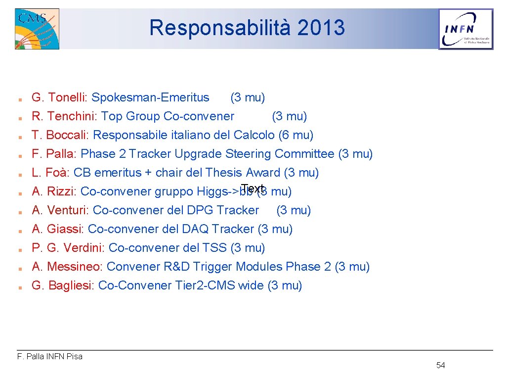 Responsabilità 2013 ■ G. Tonelli: Spokesman-Emeritus (3 mu) ■ R. Tenchini: Top Group Co-convener