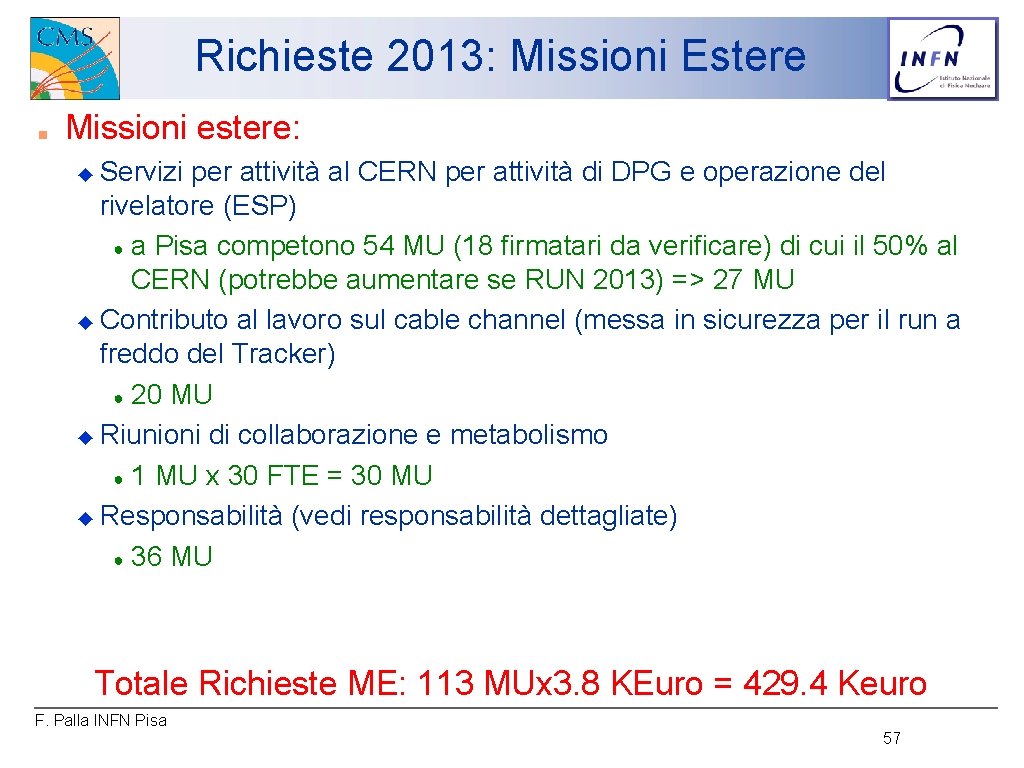 Richieste 2013: Missioni Estere ■ Missioni estere: Servizi per attività al CERN per attività