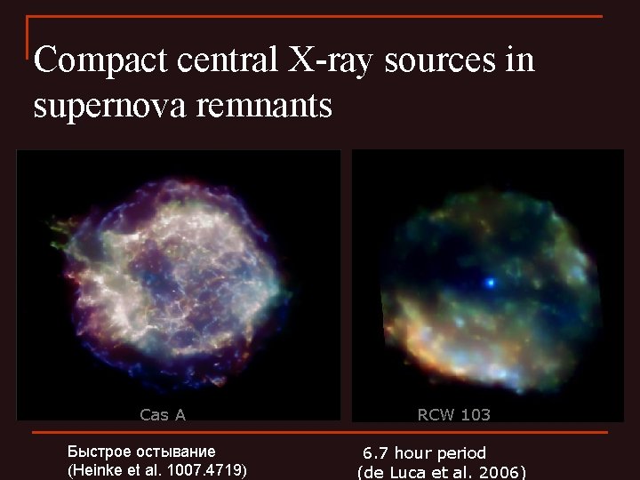 Compact central X-ray sources in supernova remnants Cas A Быстрое остывание (Heinke et al.