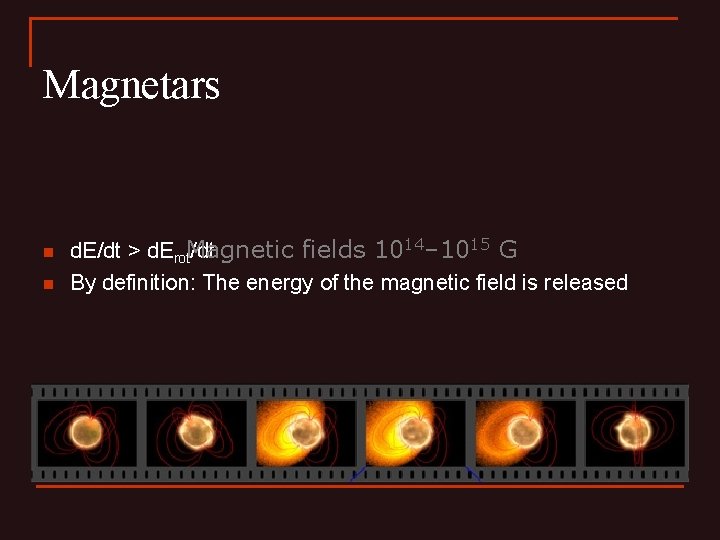 Magnetars n n fields 1014– 1015 G d. E/dt > d. Erot. Magnetic /dt