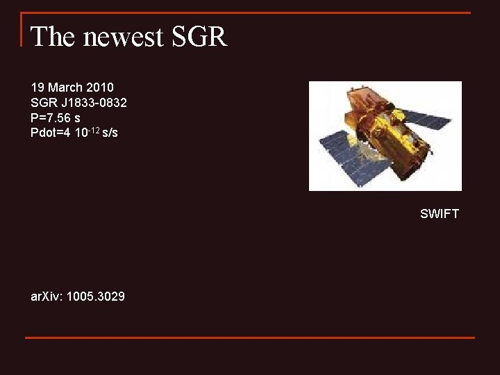 The newest SGR 19 March 2010 SGR J 1833 -0832 P=7. 56 s Pdot=4