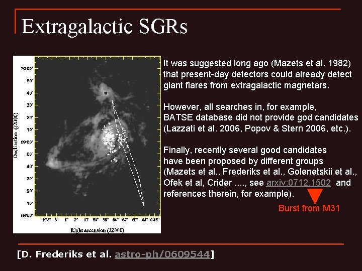 Extragalactic SGRs It was suggested long ago (Mazets et al. 1982) that present-day detectors