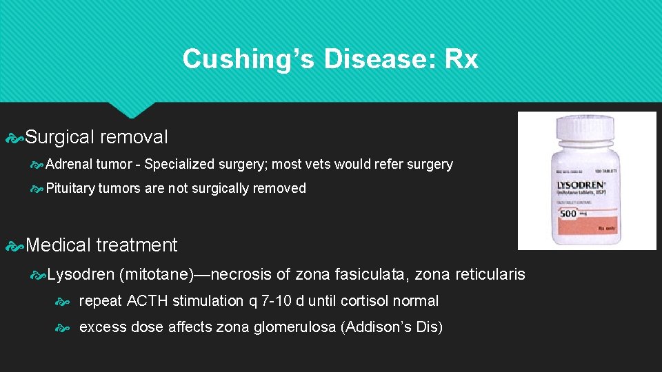 Cushing’s Disease: Rx Surgical removal Adrenal tumor - Specialized surgery; most vets would refer