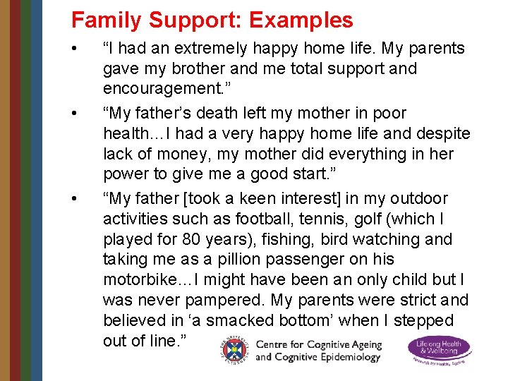 Family Support: Examples • • • “I had an extremely happy home life. My