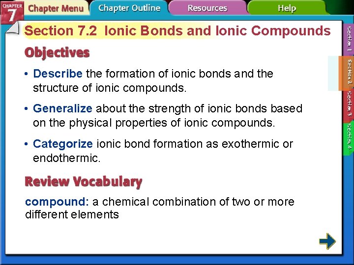 Section 7. 2 Ionic Bonds and Ionic Compounds • Describe the formation of ionic