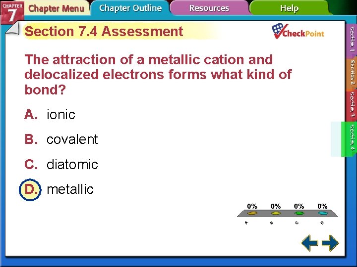 Section 7. 4 Assessment The attraction of a metallic cation and delocalized electrons forms