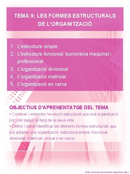 TEMA 9: LES FORMES ESTRUCTURALS DE L'ORGANITZACIÓ 1. L'estructura simple 2. L'estructura funcional: burocràcia