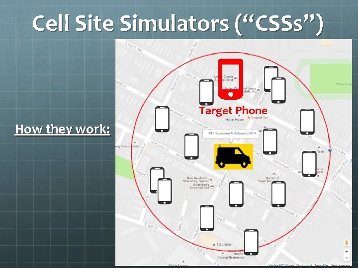 Cell Site Simulators (“CSSs”) Target Phone How they work: 