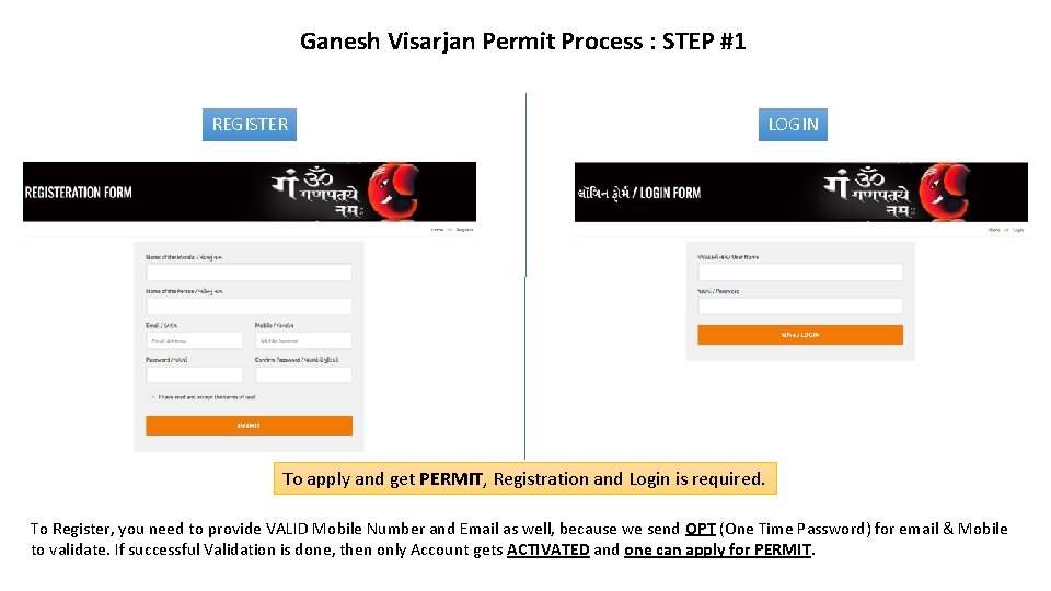 Ganesh Visarjan Permit Process : STEP #1 REGISTER LOGIN To apply and get PERMIT,