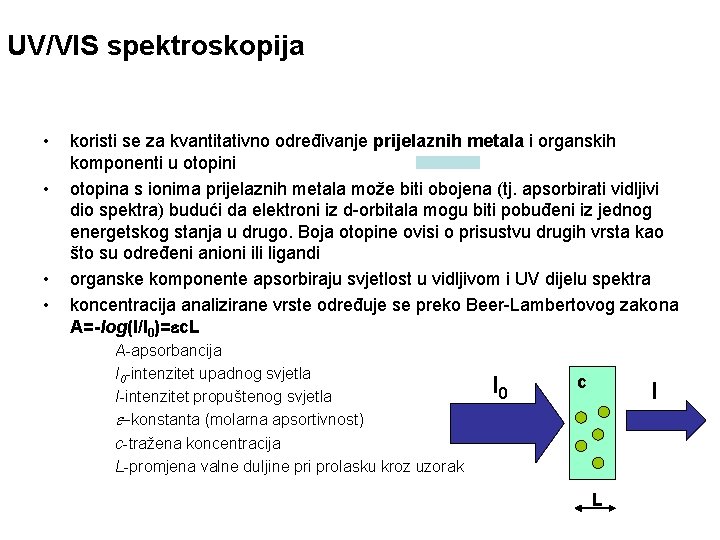 UV/VIS spektroskopija • • koristi se za kvantitativno određivanje prijelaznih metala i organskih komponenti