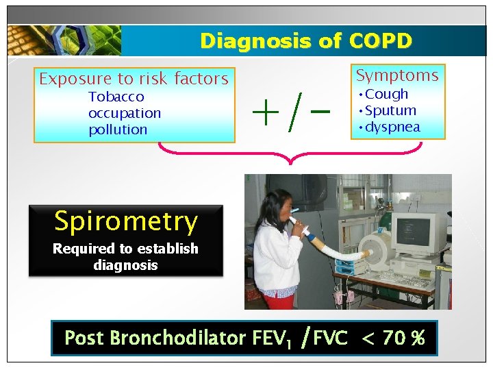 Diagnosis of COPD Exposure to risk factors Tobacco occupation pollution +/- Symptoms • Cough
