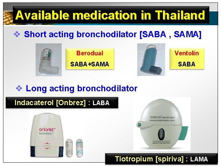 Available medication in Thailand v Short acting bronchodilator [SABA , SAMA] Berodual Ventolin SABA+SAMA