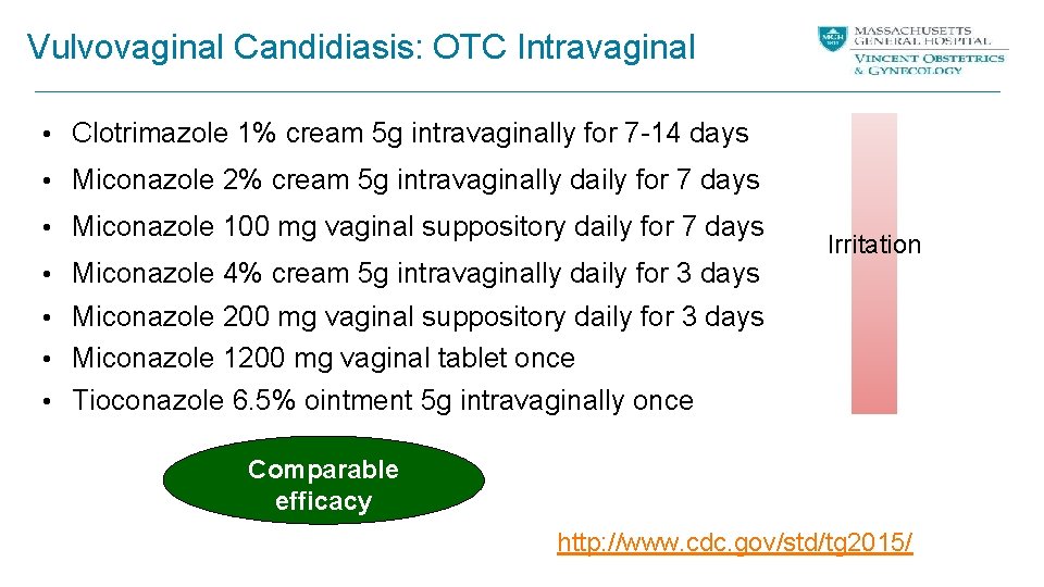 Vulvovaginal Candidiasis: OTC Intravaginal • Clotrimazole 1% cream 5 g intravaginally for 7 -14