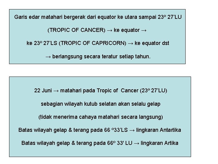 Garis edar matahari bergerak dari equator ke utara sampai 23º 27’LU (TROPIC OF CANCER)