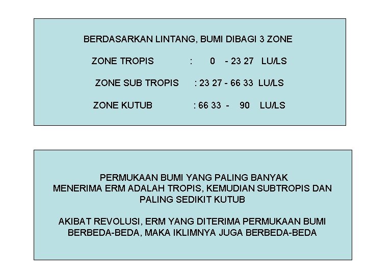 BERDASARKAN LINTANG, BUMI DIBAGI 3 ZONE TROPIS : 0 - 23 27 LU/LS ZONE