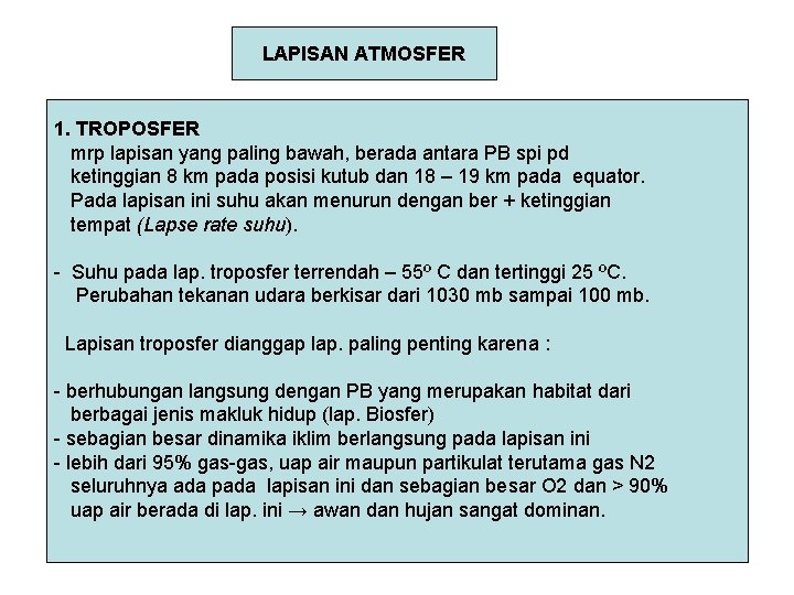 LAPISAN ATMOSFER 1. TROPOSFER mrp lapisan yang paling bawah, berada antara PB spi pd