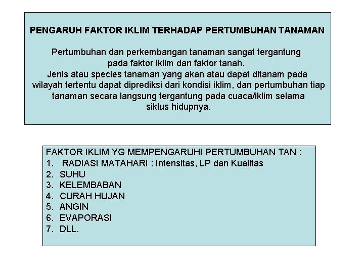 PENGARUH FAKTOR IKLIM TERHADAP PERTUMBUHAN TANAMAN Pertumbuhan dan perkembangan tanaman sangat tergantung pada faktor