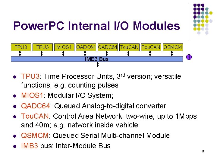 Power. PC Internal I/O Modules TPU 3 MIOS 1 QADC 64 Tou. CAN QSMCM