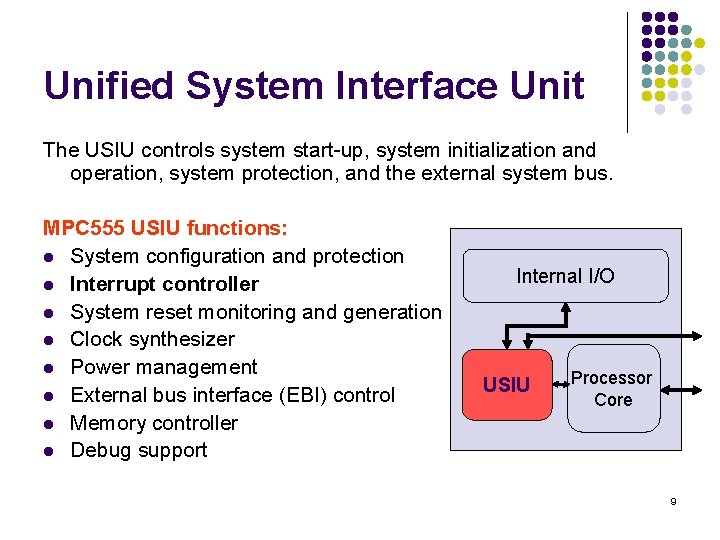 Unified System Interface Unit The USIU controls system start-up, system initialization and operation, system