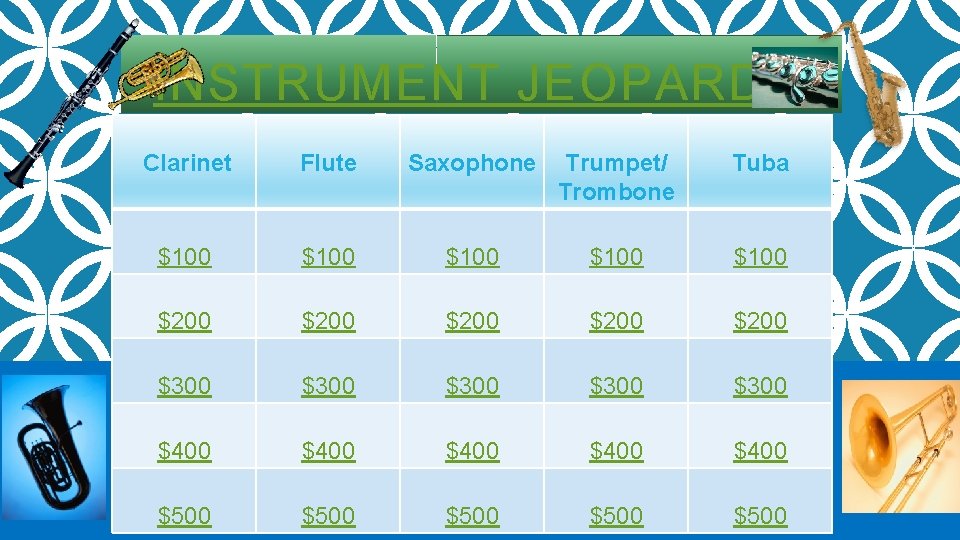 INSTRUMENT JEOPARDY Clarinet Flute Saxophone Trumpet/ Trombone Tuba $100 $100 $200 $200 $300 $300