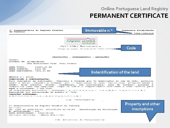 Online Portuguese Land Registry PERMANENT CERTIFICATE Immovable n. º Code Indentification of the land