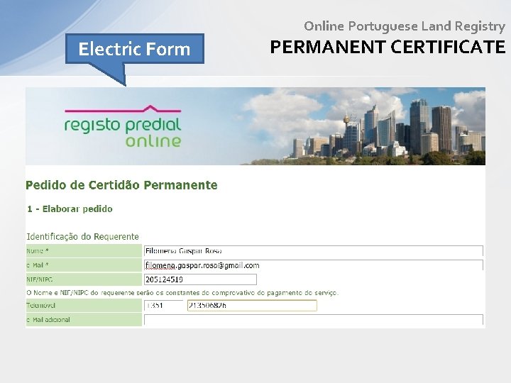 Online Portuguese Land Registry Electric Form PERMANENT CERTIFICATE 