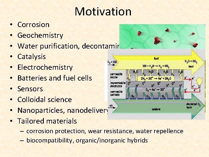 Motivation • • • Corrosion Geochemistry Water purification, decontamination of soils Catalysis Electrochemistry Batteries