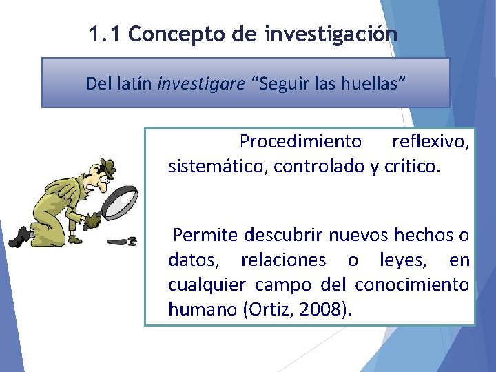 1. 1 Concepto de investigación Del latín investigare “Seguir las huellas” Procedimiento reflexivo, sistemático,