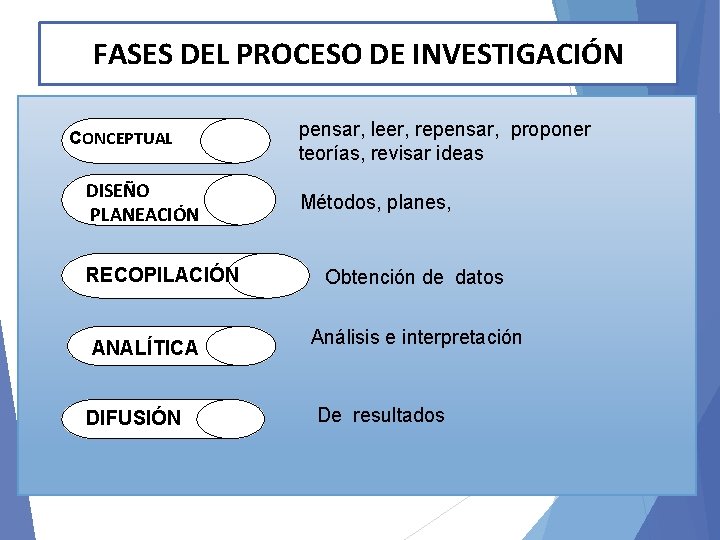 FASES DEL PROCESO DE INVESTIGACIÓN CONCEPTUAL DISEÑO PLANEACIÓN RECOPILACIÓN ANALÍTICA DIFUSIÓN pensar, leer, repensar,