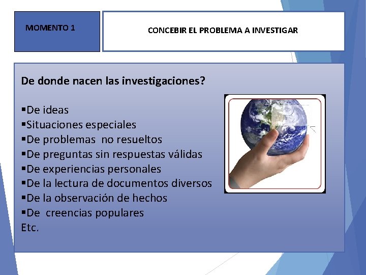 MOMENTO 1 CONCEBIR EL PROBLEMA A INVESTIGAR De donde nacen las investigaciones? §De ideas