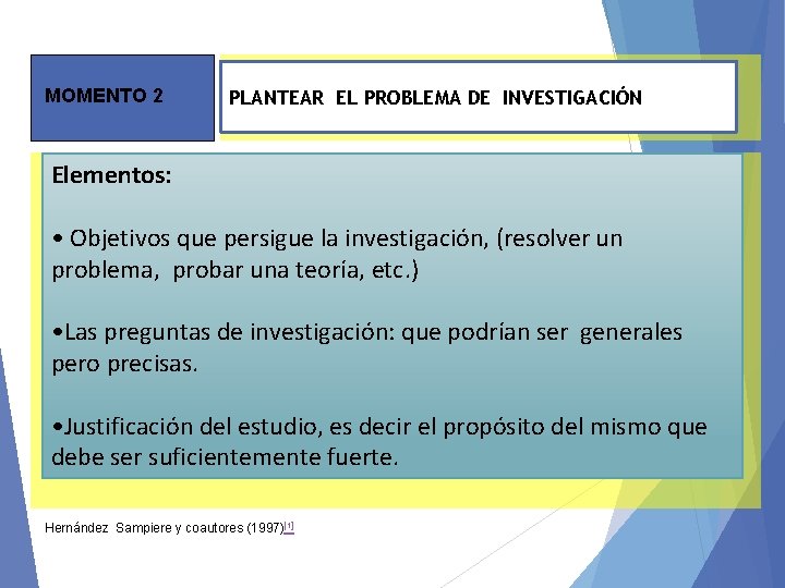 MOMENTO 2 PLANTEAR EL PROBLEMA DE INVESTIGACIÓN Elementos: • Objetivos que persigue la investigación,