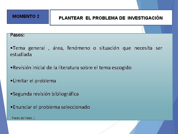 MOMENTO 2 PLANTEAR EL PROBLEMA DE INVESTIGACIÓN Pasos: • Tema general , área, fenómeno