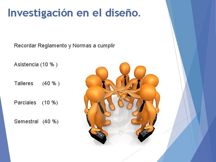 Investigación en el diseño. Recordar Reglamento y Normas a cumplir Asistencia (10 % )