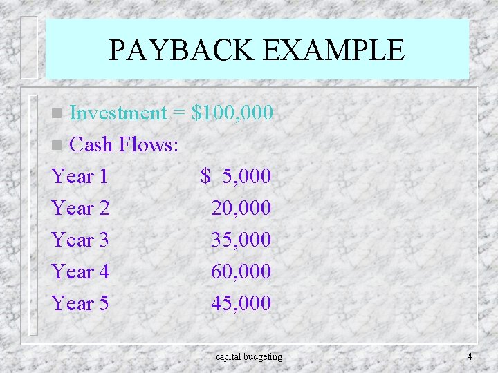 PAYBACK EXAMPLE Investment = $100, 000 n Cash Flows: Year 1 $ 5, 000