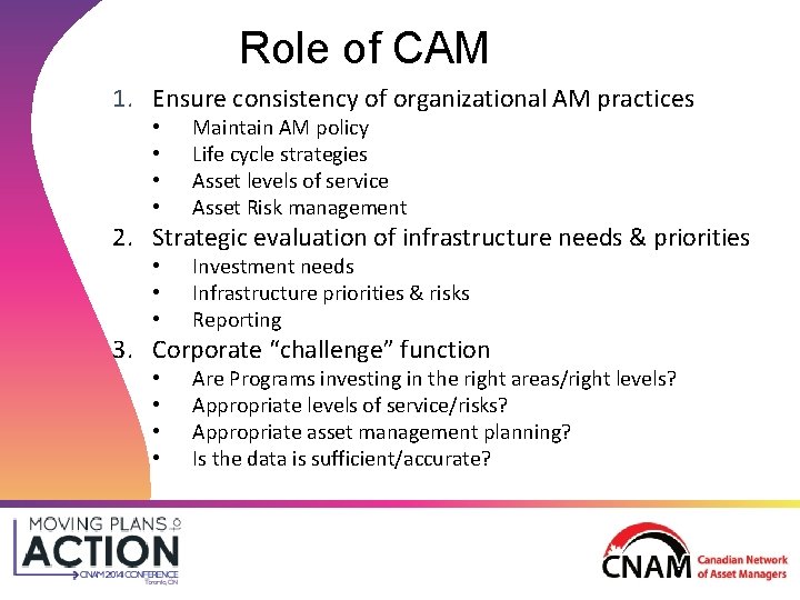 Role of CAM 1. Ensure consistency of organizational AM practices • • Maintain AM
