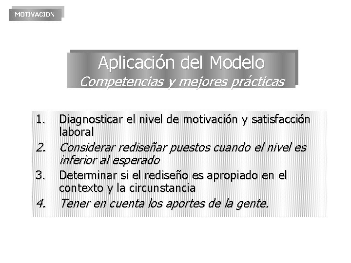 MOTIVACION Aplicación del Modelo Competencias y mejores prácticas 1. 2. 3. 4. Diagnosticar el