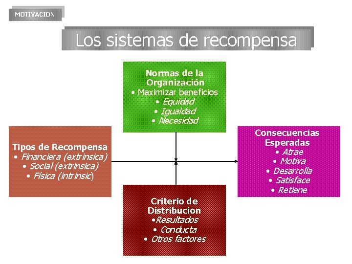 MOTIVACION Los sistemas de recompensa Normas de la Organización • Maximizar beneficios • Equidad MOTIVACION Los sistemas de recompensa Normas de la Organización • Maximizar beneficios • Equidad