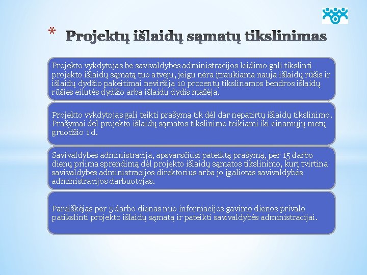 * Projekto vykdytojas be savivaldybės administracijos leidimo gali tikslinti projekto išlaidų sąmatą tuo atveju,