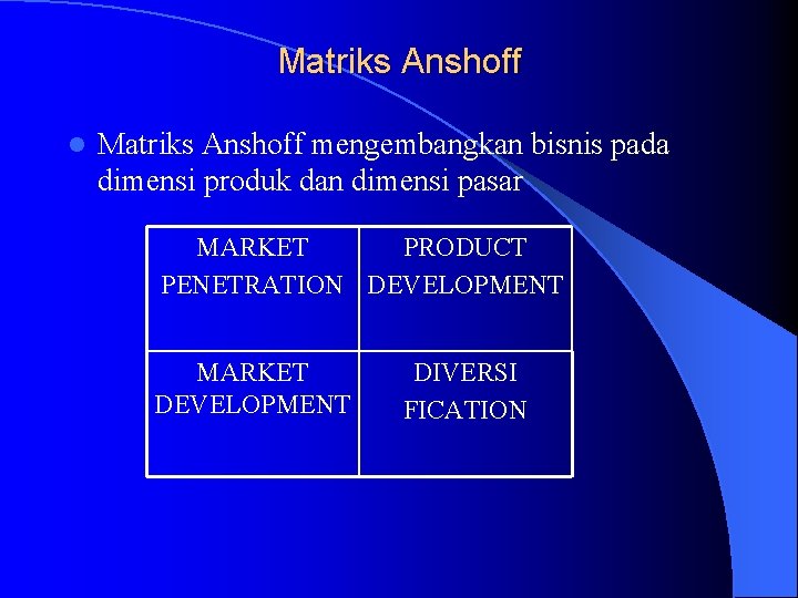 Matriks Anshoff l Matriks Anshoff mengembangkan bisnis pada dimensi produk dan dimensi pasar MARKET