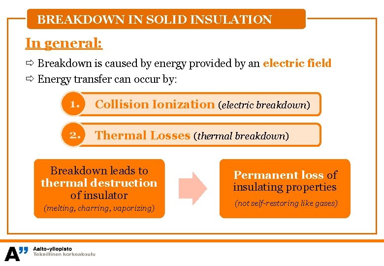 BREAKDOWN IN SOLID INSULATION In general: Breakdown is caused by energy provided by an