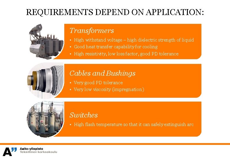 REQUIREMENTS DEPEND ON APPLICATION: Transformers • High withstand voltage – high dielectric strength of