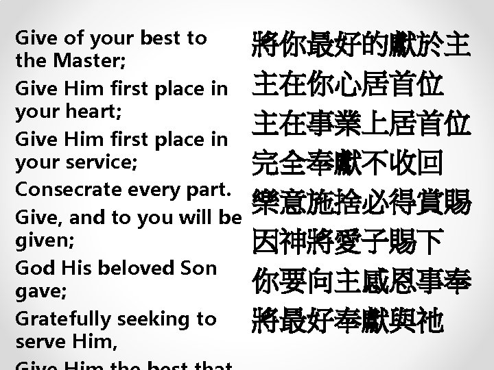 Give of your best to the Master; Give Him first place in your heart;
