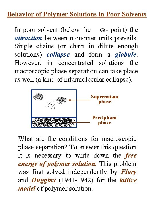 Behavior of Polymer Solutions in Poor Solvents In poor solvent (below the - point)