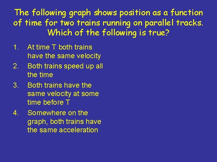 The following graph shows position as a function of time for two trains running