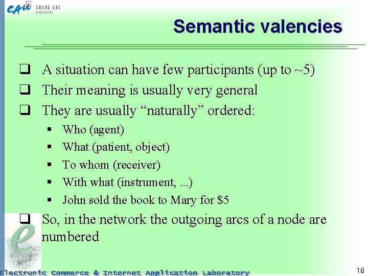 Semantic valencies q A situation can have few participants (up to ~5) q Their