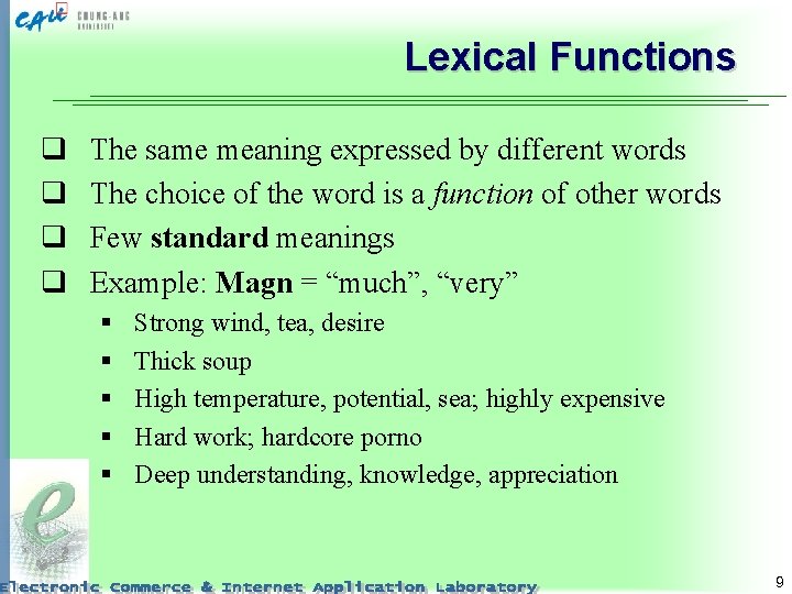 Lexical Functions q q The same meaning expressed by different words The choice of