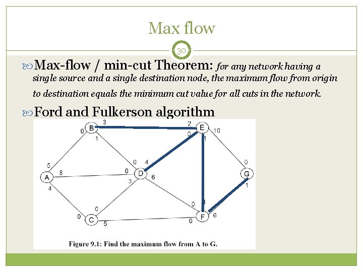 Max flow 30 Max-flow / min-cut Theorem: for any network having a single source