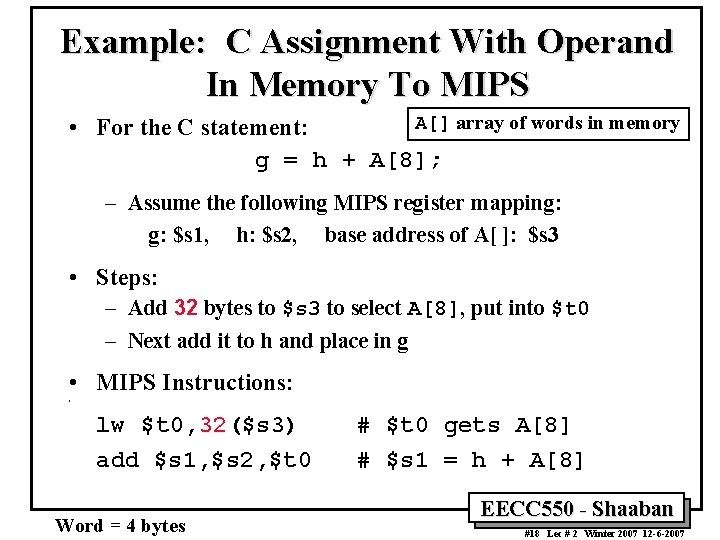 Example: C Assignment With Operand In Memory To MIPS A[] array of words in