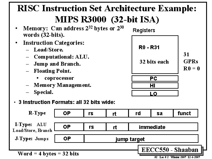 RISC Instruction Set Architecture Example: MIPS R 3000 (32 -bit ISA) • Memory: Can